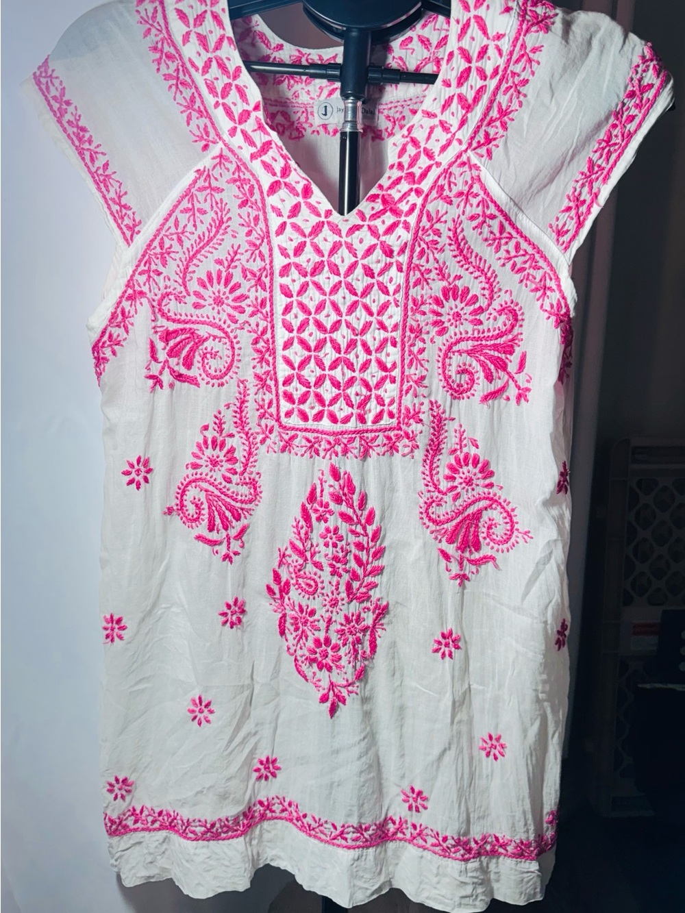 White Tunic with Bright Pink Embroidered Detail